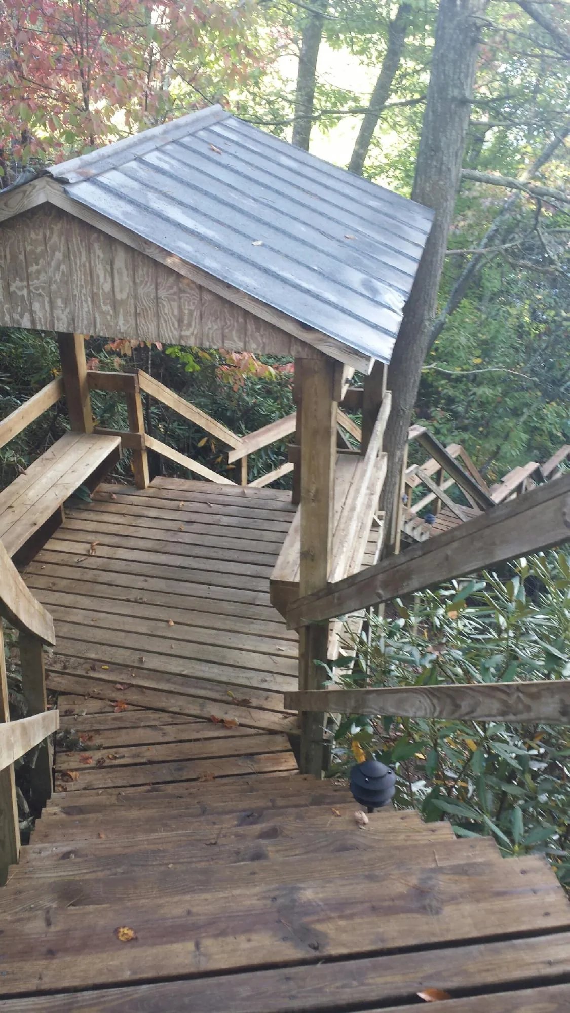 Metal roofed shelter over wooden steps on a wooded walkway — Skylight Repair & Installation work by our crew in Deadwood